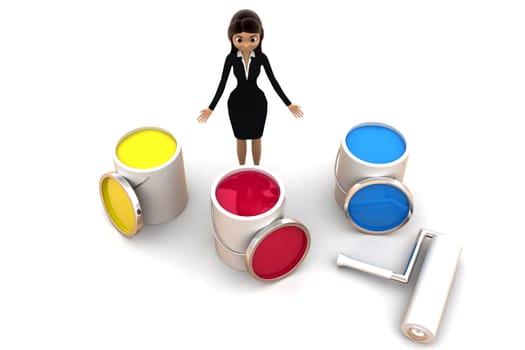 3d woman with colour jars concept on white background, top angle view