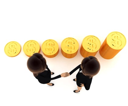 3d women shaking hand before gold coin stakes concept on white background, top angle view