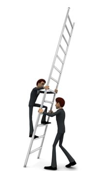 3d man climbing ladder supported by another man concept on white background, front angle view