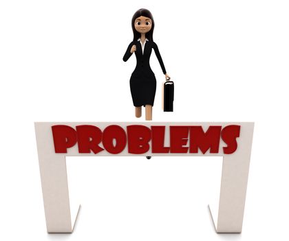 3d woman running towards hurdle with problem text concept on white background, front angle view