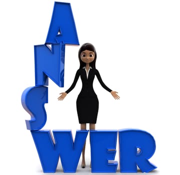 3d woman with answer text in blue concept on white background, front angle view