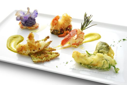 Fish Dish Tasting Prawns Fried  Grilled Braised Tempura Kataifi in square white plate