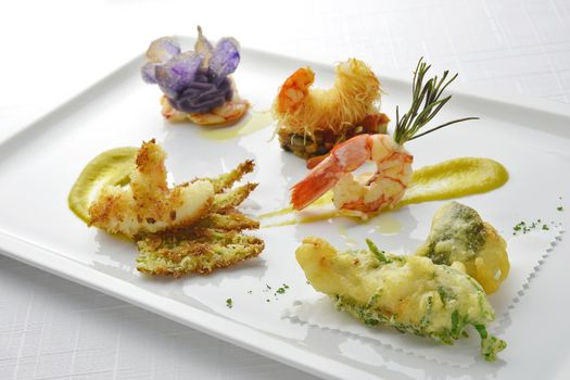 Fish Dish Tasting Prawns Fried  Grilled Braised Tempura Kataifi in square white plate