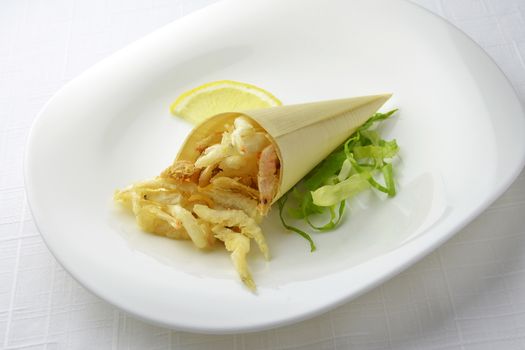 Fish Dish Seafood Appetizer Cone of Paper with Fried Shrimp 1