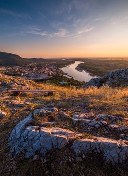 View of Small City of Hainburg an der Donau with Danube River as Seen from Braunsberg Hill at Beautiful Sunset