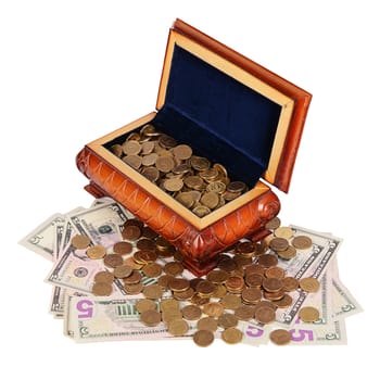 Coins and banknotes in the box isolated 