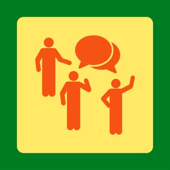 Forum icon. This flat rounded square button uses orange and yellow colors and isolated on a green background.