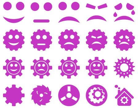 Tools and Smile Gears Icons. Glyph set style is flat images, violet color, isolated on a white background.