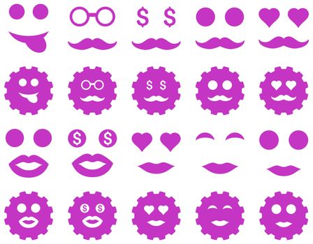 Tool, gear, smile, emotion icons. Glyph set style is flat images, violet symbols, isolated on a white background.