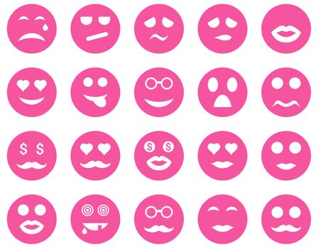 Smile and emotion icons. Glyph set style is flat images, pink symbols, isolated on a white background.
