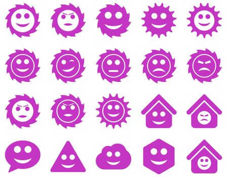 Tools, gears, smiles, emotions icons. Glyph set style is flat images, violet symbols, isolated on a white background.