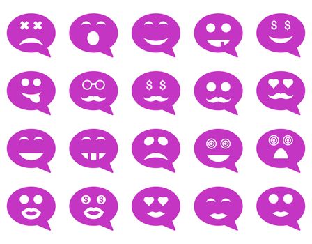 Chat emotion smile icons. Glyph set style is flat images, violet symbols, isolated on a white background.