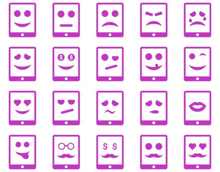 Emotion mobile tablet icons. Glyph set style is flat images, violet symbols, isolated on a white background.