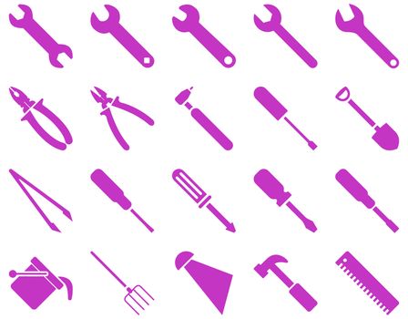Equipment and Tools Icons. Glyph set style is flat images, violet color, isolated on a white background.