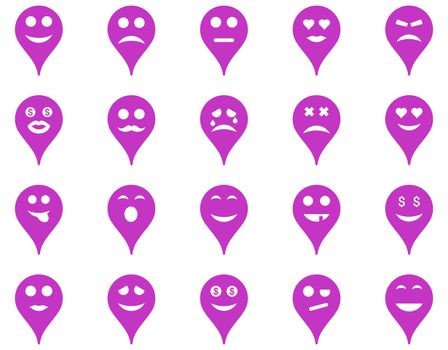Emotion map marker icons. Glyph set style is flat images, violet symbols, isolated on a white background.