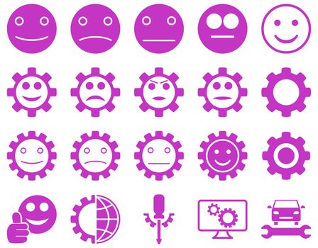 Tools and Smile Gears Icons. Glyph set style is flat images, violet color, isolated on a white background.