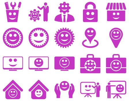 Tools, gears, smiles, management icons. Glyph set style is flat images, violet symbols, isolated on a white background.