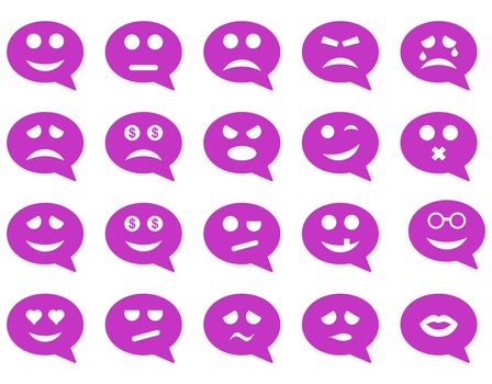 Chat emotion smile icons. Glyph set style is flat images, violet symbols, isolated on a white background.