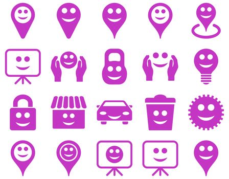 Tools, options, smiles, objects icons. Glyph set style is flat images, violet symbols, isolated on a white background.