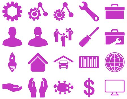 Settings and Tools Icons. Glyph set style is flat images, violet color, isolated on a white background.