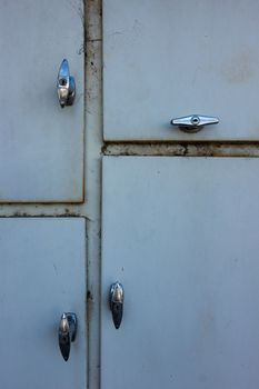 Close up of doors of an electrical control panel enclosure.