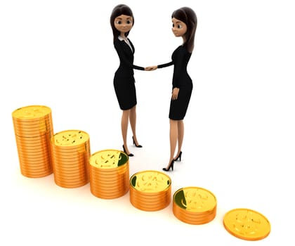 3d women shaking hand before gold coin stakes concept on white background, side angle view