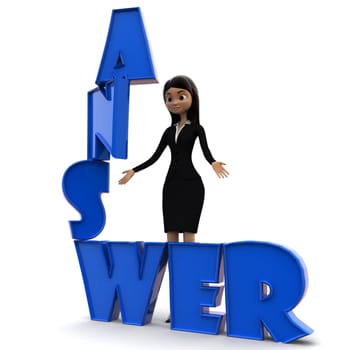 3d woman with answer text in blue concept on white background, side angle view