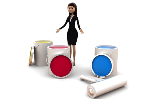 3d woman with colour jars concept on white background, side angle view