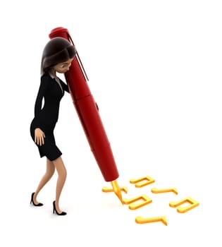 3d woman writing with red ink pen concept on white background, side angle view