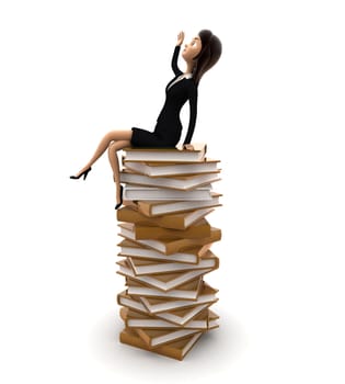 3d woman sitting on top of bunch of files concept on white background, side angle view