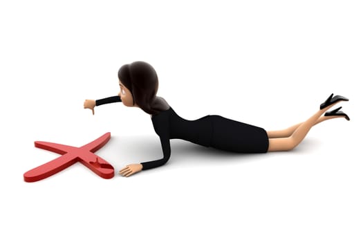 3d woman laying before red cross sign and thumb down concept on white background, side angle view
