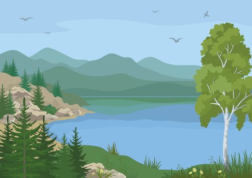 Landscape with Birch, Fir Trees, Flowers and Grass on the Shore of a Mountain Lake under a Blue Sky with Birds. 