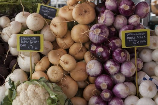 Fresh vegetables  Brussels sprouts,turnips, radishes, radish  at the farmers market in Finland