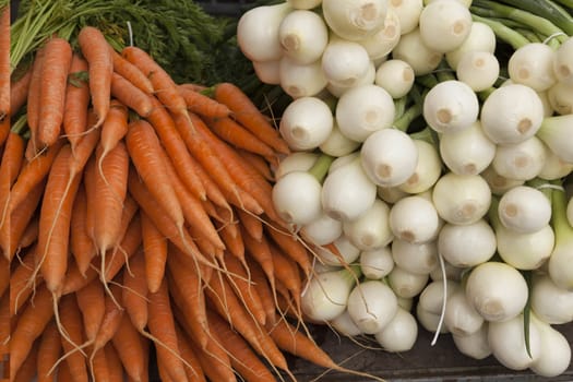 Fresh clean carrots with foliage and onion on the market.