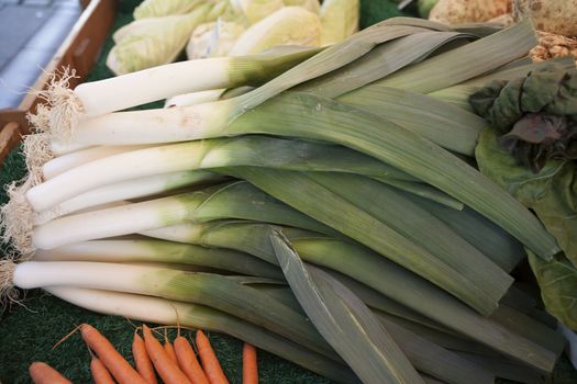 Fresh clean carrots with foliage and onion on the market.