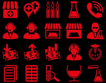 Medical icon set. Style is icons drawn with red color on a black background.