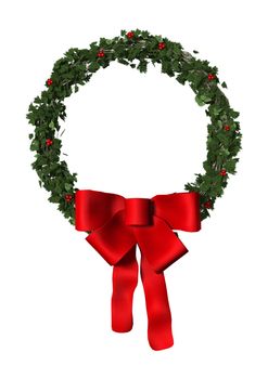 3D digital render of a Christmas wreath with a red bow isolated on white background