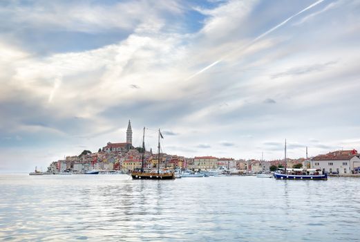 Late afternoon in the old Istrian town of Rovinj or Rovigno in the Adriatic Sea of Croatia with the Saint Euphemia's Basilica dominating the town.