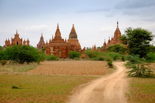 Landscape view of ancient temples and road in Old Bagan, Myanmar