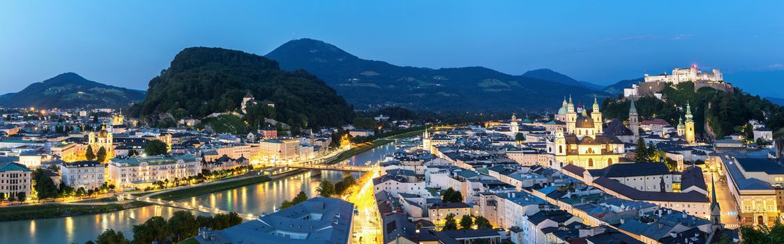 Panorama Beautiful view of the historic city of Salzburger Land, Austria at dusk