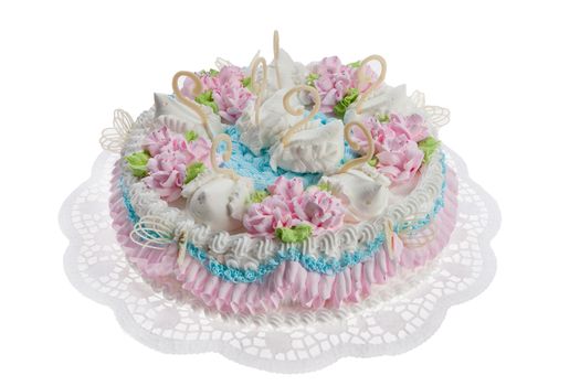 Cake and tablecloth on isolated white background