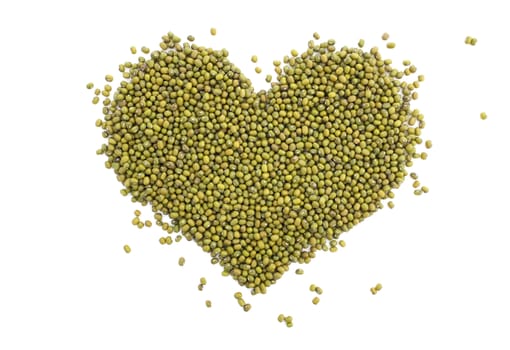 Mung beans in a heart shape, isolated on a white background