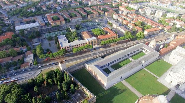 Pisa, Italy. Stunning aerial view of city skyline at dusk.