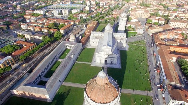 Aerial view of Miracles Square, Pisa. Piazza dei Miracoli .