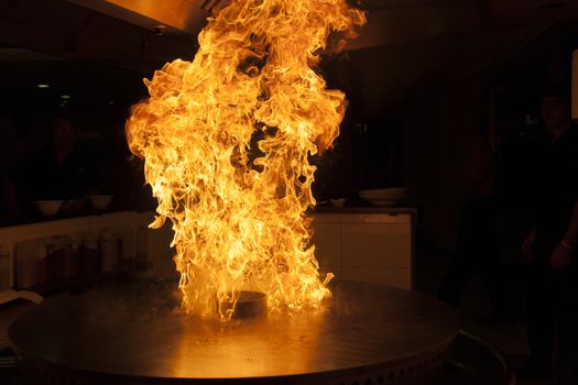 Teppanyaki grill on fire