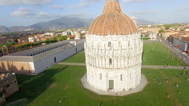 Pisa, Italy. Stunning aerial view of city skyline at dusk.