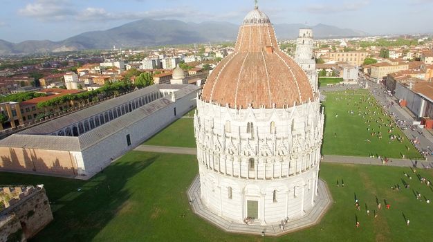 Pisa, Italy. Stunning aerial view of city skyline at dusk.