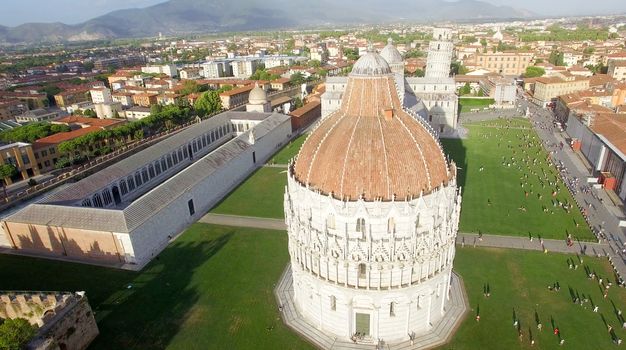 Pisa, Italy. Stunning aerial view of city skyline at dusk.