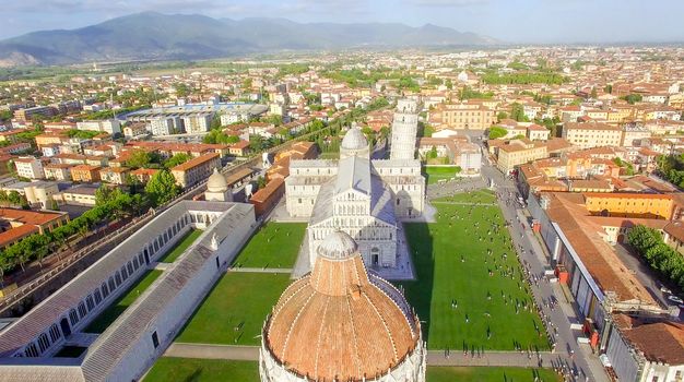 Pisa, Italy. Stunning aerial view of city skyline at dusk.