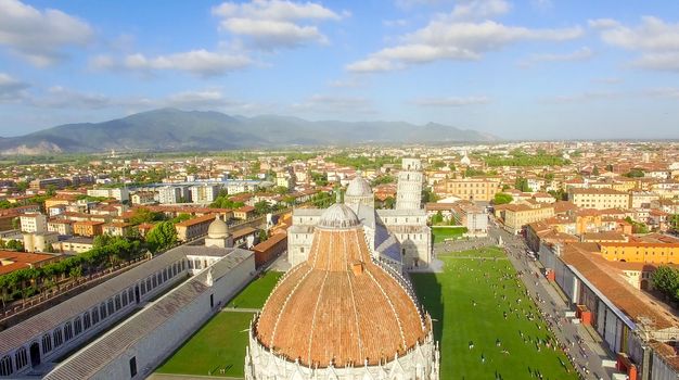 Aerial view of Miracles Square, Pisa. Piazza dei Miracoli .